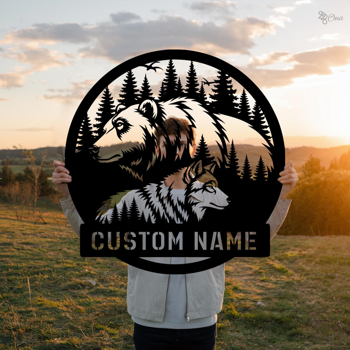 Custom Bear and Wolf Metal Sign, Personalized Bear and Wolf Forest Decor, Forest Animal Name Sign, Bear wolf sign, Gift for dad, Cabin Decor