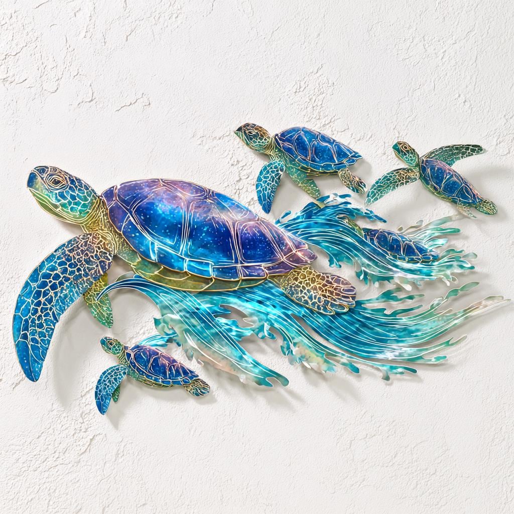 UV Printed Aluminum Sea Turtle Family Wall Art, Coastal Ocean Decor