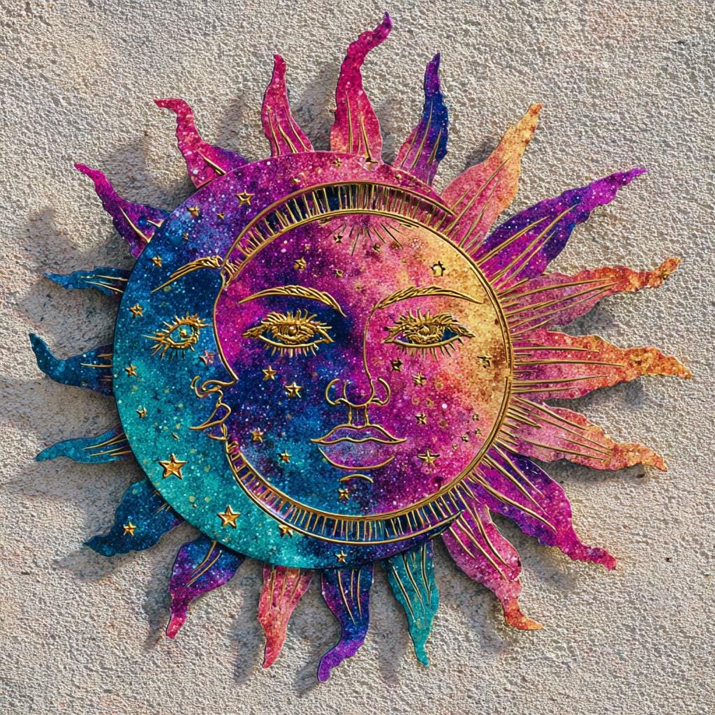 Celestial Sun Moon Metal Wall Art, Boho Garden Sign, UV Printed Aluminum Decor