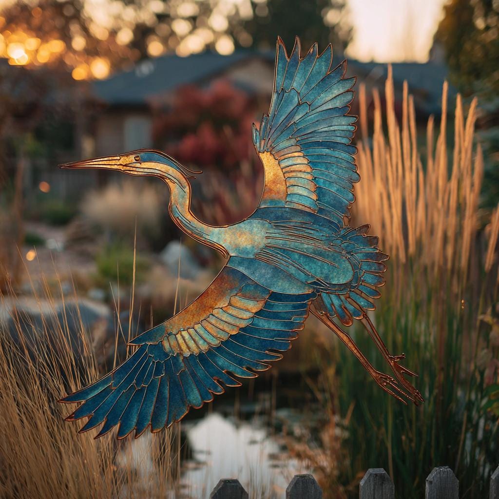 Flying Heron Metal Wall Art, UV Printed Aluminum Bird Decor, Coastal Garden Patio Sign