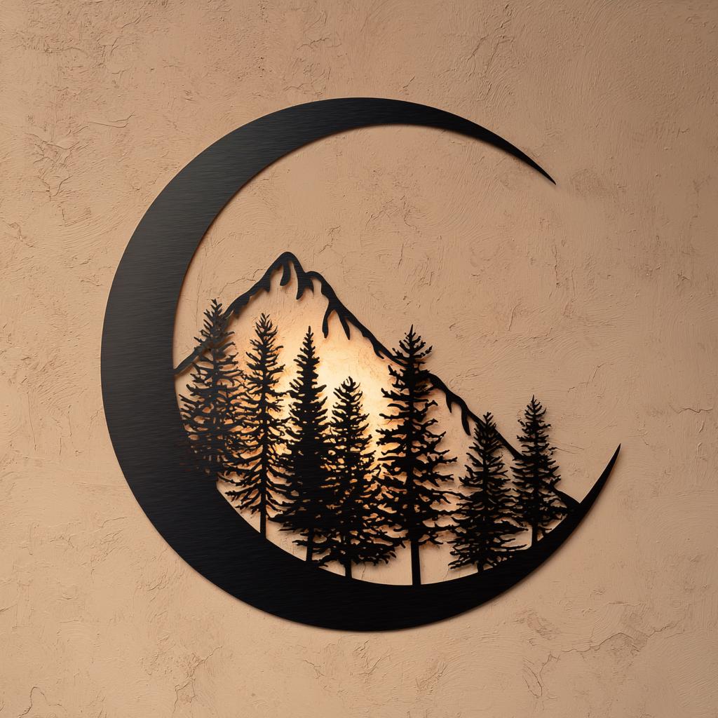 Moon Mountain Metal Art, Crescent Forest Scene, UV Printed Aluminum Wall Decor