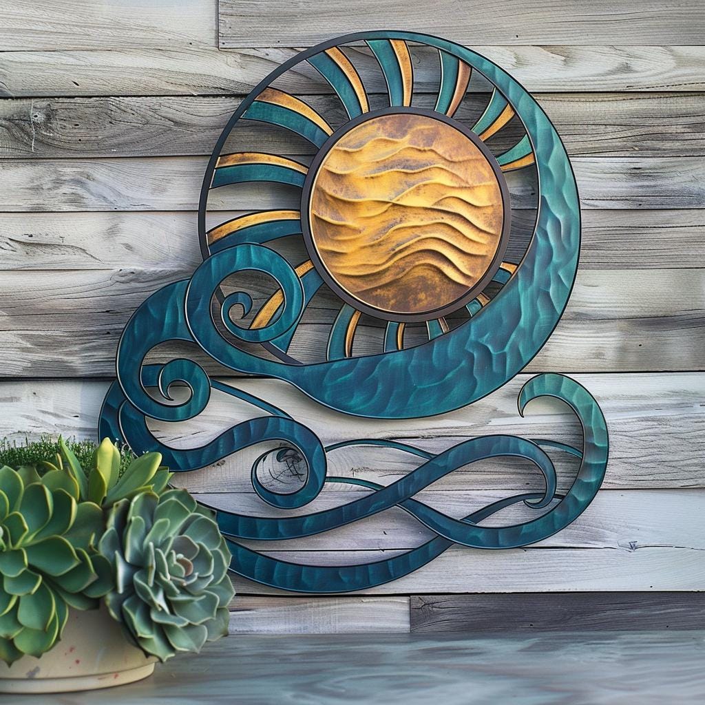 Coastal Sunset Metal Wall Art, Ocean Sunburst Sign, Beach House Decor, UV Printed Aluminum
