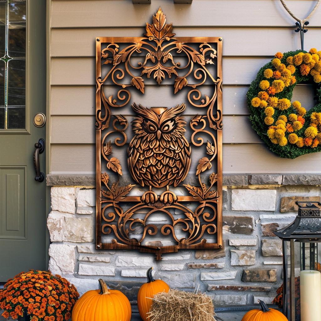 UV Printed Aluminum Owl Metal Wall Art, Rustic Woodland Botanical Decor