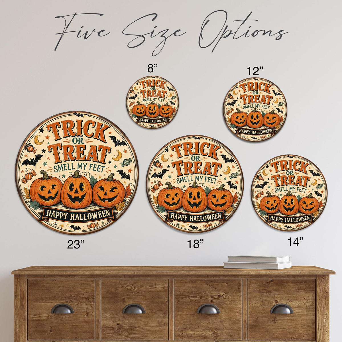Trick or Treat Sign, Round Metal Halloween Wall Art, Spooky Decor, Halloween Humor, October Decor, Cute Pumpkin Sign, Halloween Gift