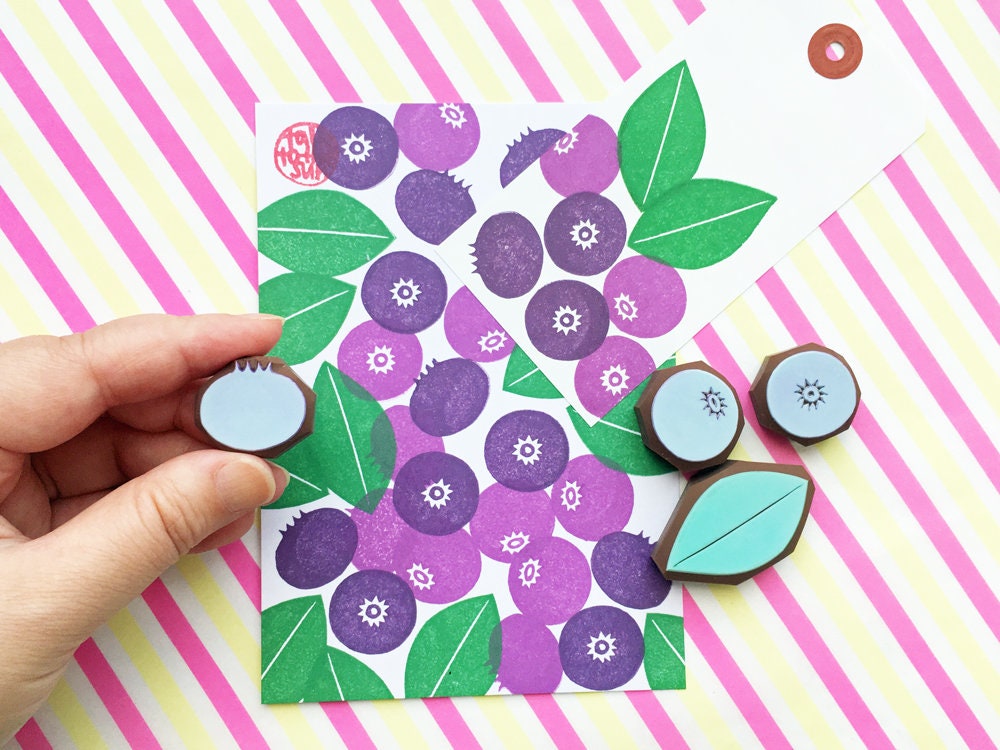 Blueberry Rubber Stamp Set | Hand Carved Stamps | Fruit Design
