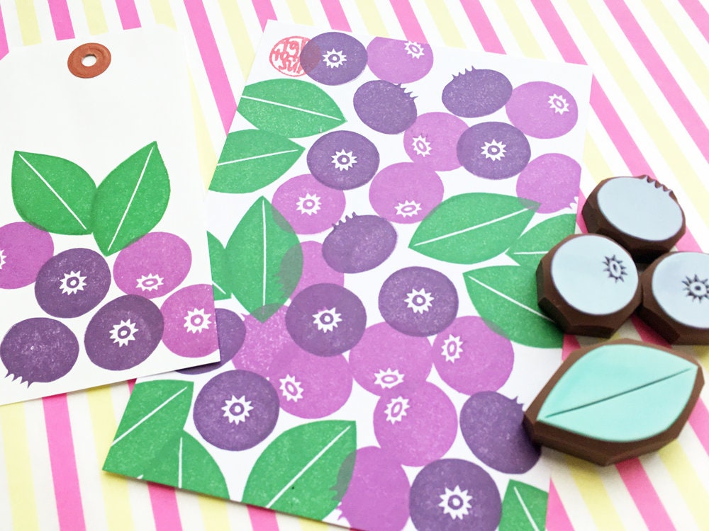 Blueberry Rubber Stamp Set | Hand Carved Stamps | Fruit Design
