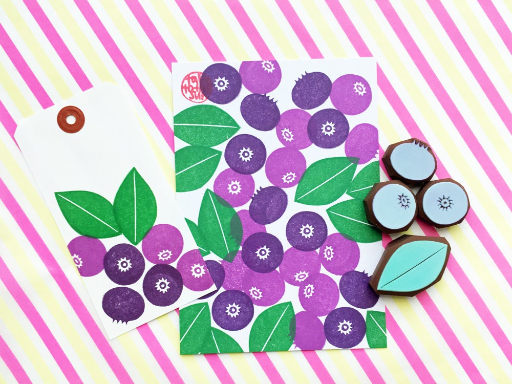 Blueberry Rubber Stamp Set | Hand Carved Stamps | Fruit Design