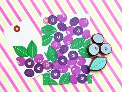 Blueberry Rubber Stamp Set | Hand Carved Stamps | Fruit Design