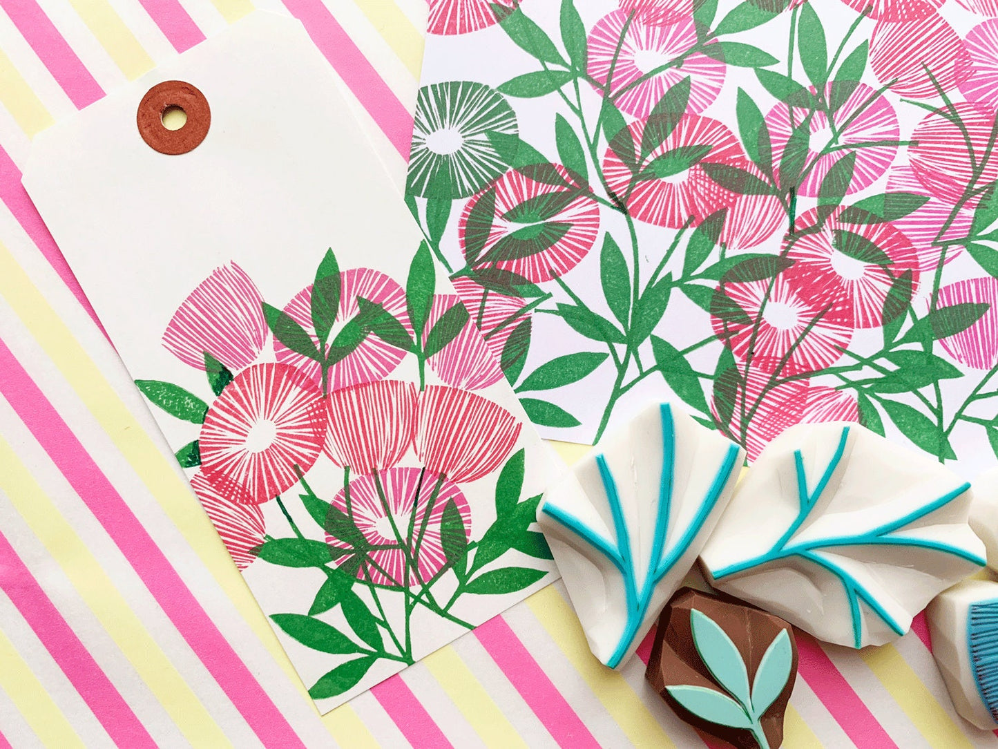 Flower & Leaf Rubber Stamp Set | Hand Carved Stamps | Botanical Design | Style No.1