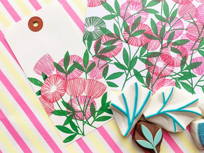 Flower & Leaf Rubber Stamp Set | Hand Carved Stamps | Botanical Design | Style No.1