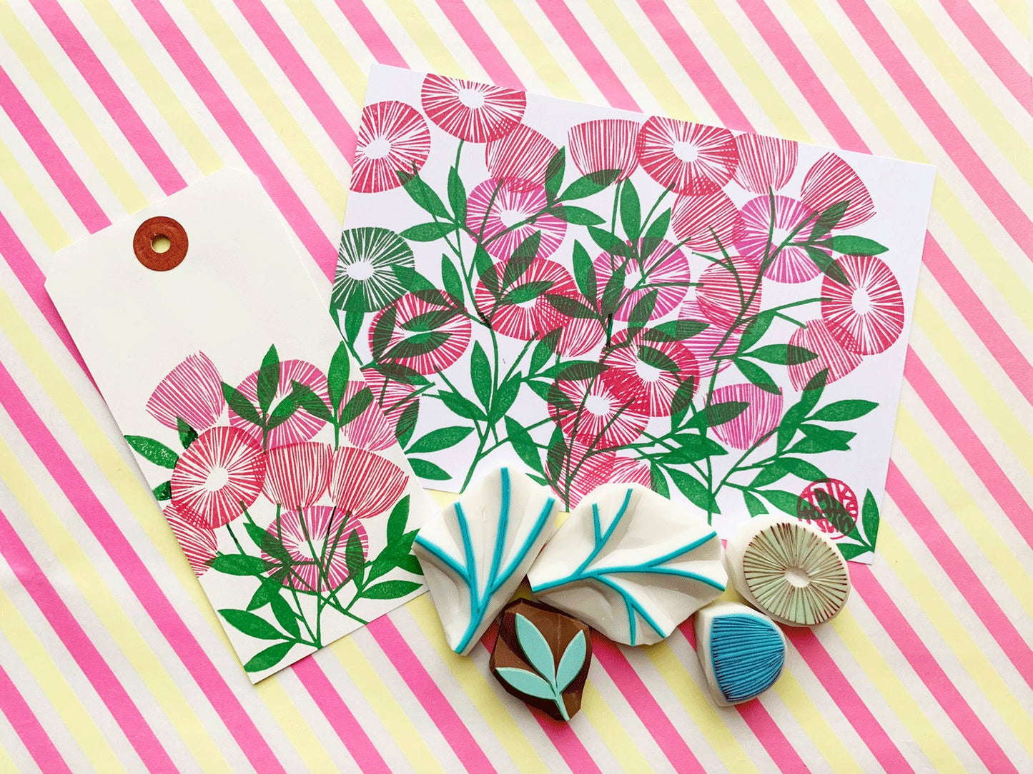 Flower & Leaf Rubber Stamp Set | Hand Carved Stamps | Botanical Design | Style No.1
