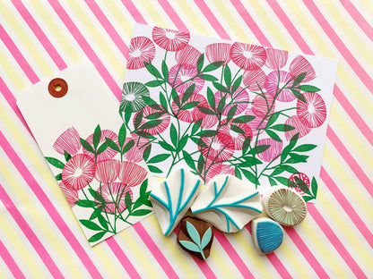 Flower & Leaf Rubber Stamp Set | Hand Carved Stamps | Botanical Design | Style No.1