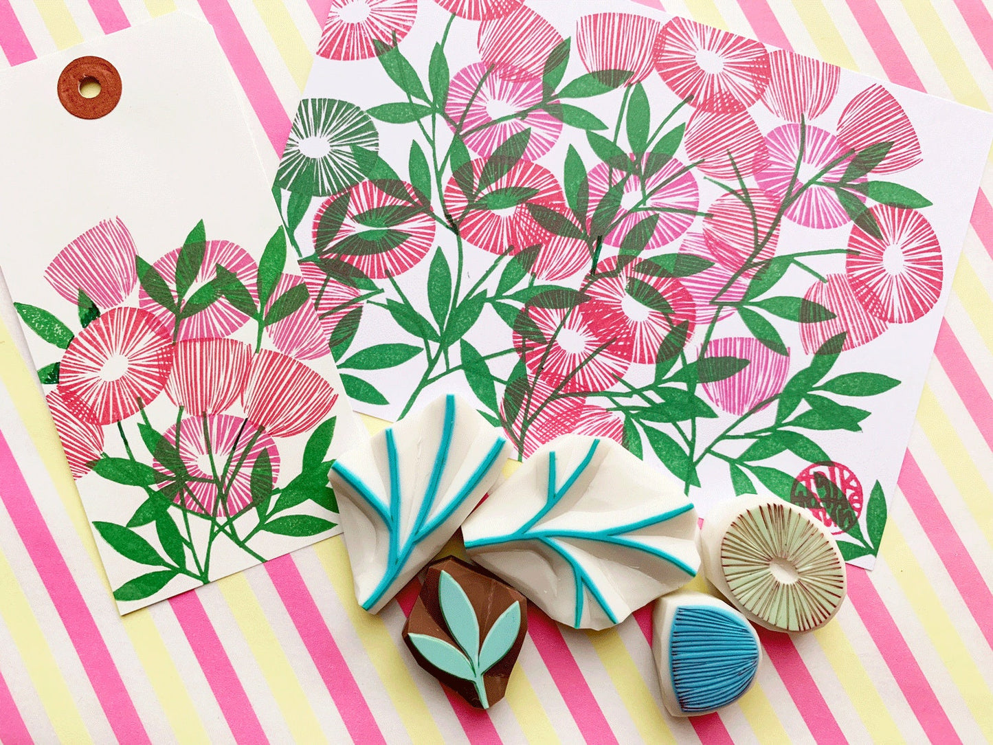 Flower & Leaf Rubber Stamp Set | Hand Carved Stamps | Botanical Design | Style No.1