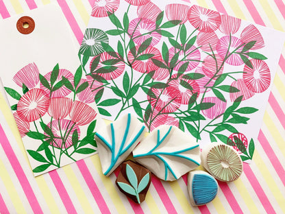 Flower & Leaf Rubber Stamp Set | Hand Carved Stamps | Botanical Design | Style No.1