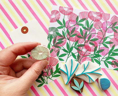 Flower & Leaf Rubber Stamp Set | Hand Carved Stamps | Botanical Design | Style No.1