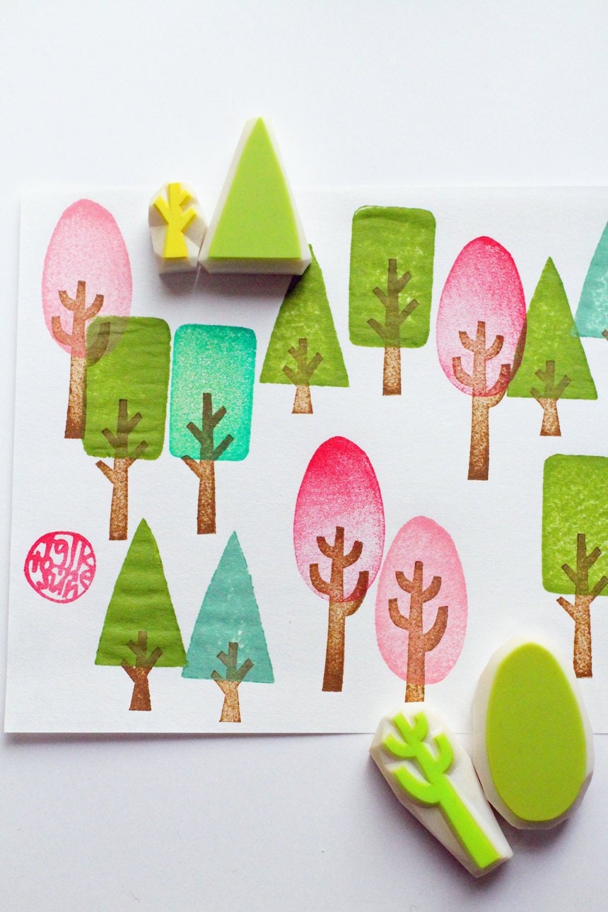 Tree Rubber Stamp Set | Hand Carved Stamps | Nature Inspired Design | Style No.2
