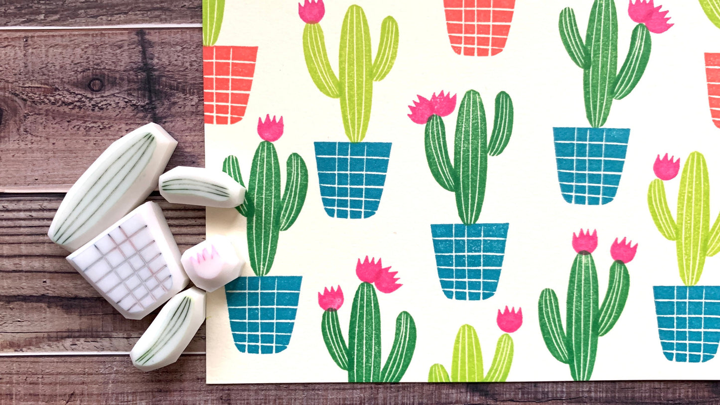 Cactus Rubber Stamp Set | Hand Carved Stamps | Botanical Design | Style No.3