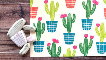 Cactus Rubber Stamp Set | Hand Carved Stamps | Botanical Design | Style No.3