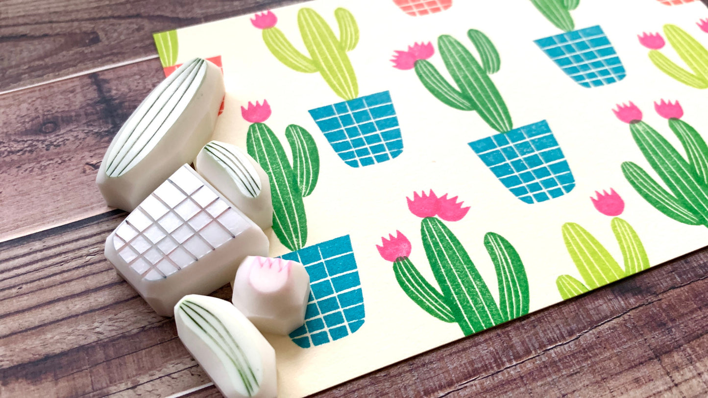 Cactus Rubber Stamp Set | Hand Carved Stamps | Botanical Design | Style No.3