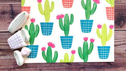 Cactus Rubber Stamp Set | Hand Carved Stamps | Botanical Design | Style No.3