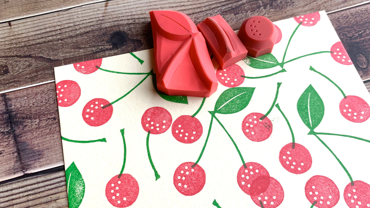 Cherry Rubber Stamp Set | Hand Carved Stamps | Fruit Design