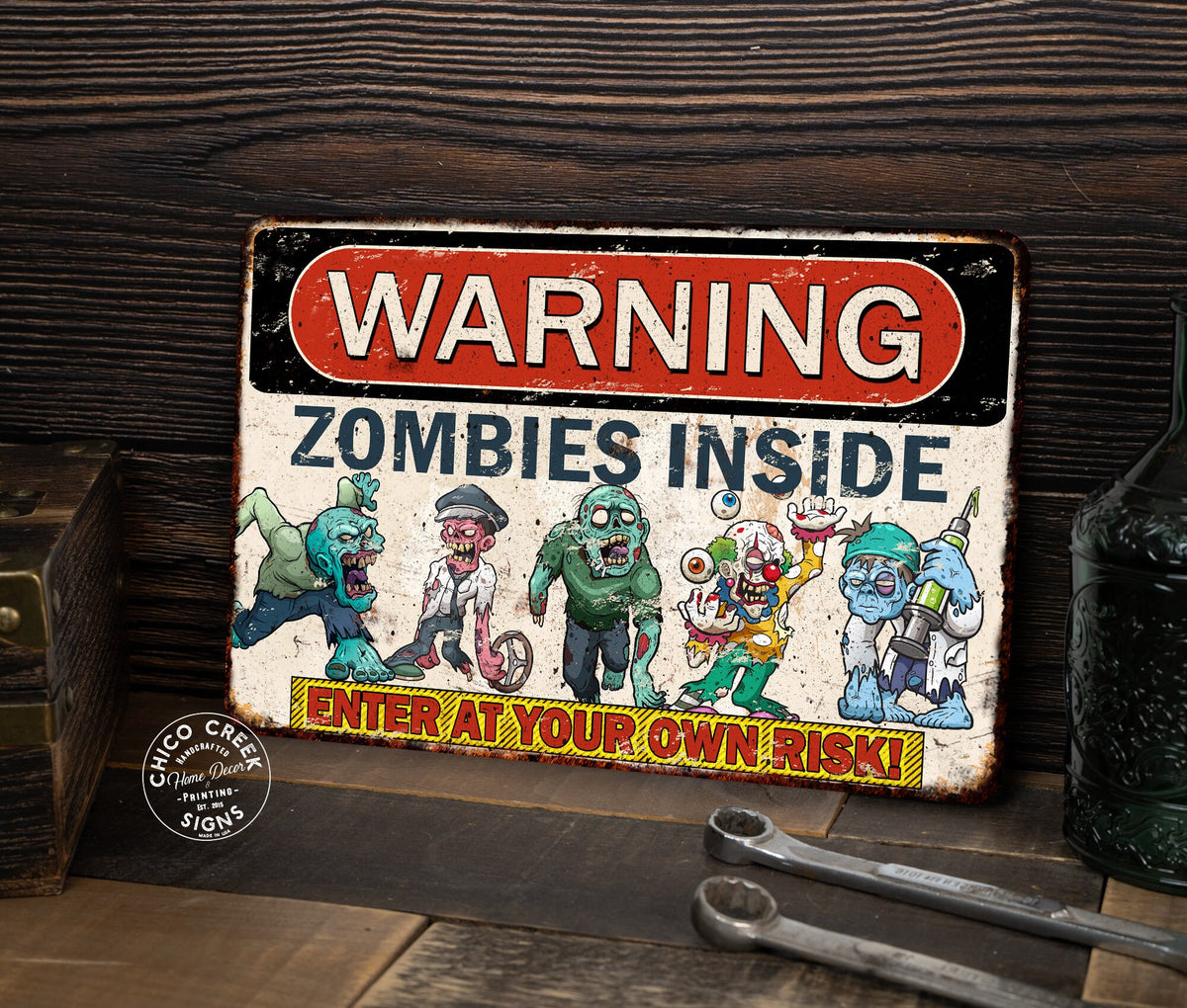 Warning Zombies Inside Sign Enter At Your Own Risk Warning Plaque The Undead Fence Sign Ghoul Wall Art Garage Halloween 108122001074