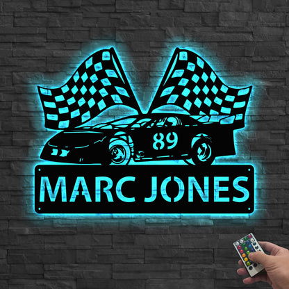 Custom Racing Car Metal Sign LED lights, Race Car Sign, Garage Decor, Racing Car Metal Wall Art, Gift for Dad, Garage sign,Man cave sign