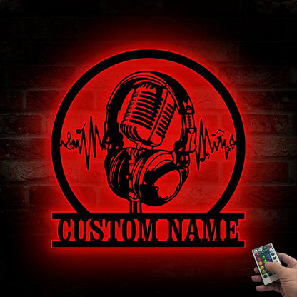 Custom Music Audio Studio Metal Wall Art LED, Music Studio Decor, Personalized Microphone Headphones Name Sign, Home Decor, Music Room Decor