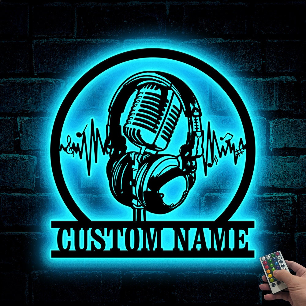 Custom Music Audio Studio Metal Wall Art LED, Music Studio Decor, Personalized Microphone Headphones Name Sign, Home Decor, Music Room Decor