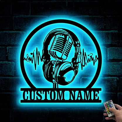 Custom Music Audio Studio Metal Wall Art LED, Music Studio Decor, Personalized Microphone Headphones Name Sign, Home Decor, Music Room Decor