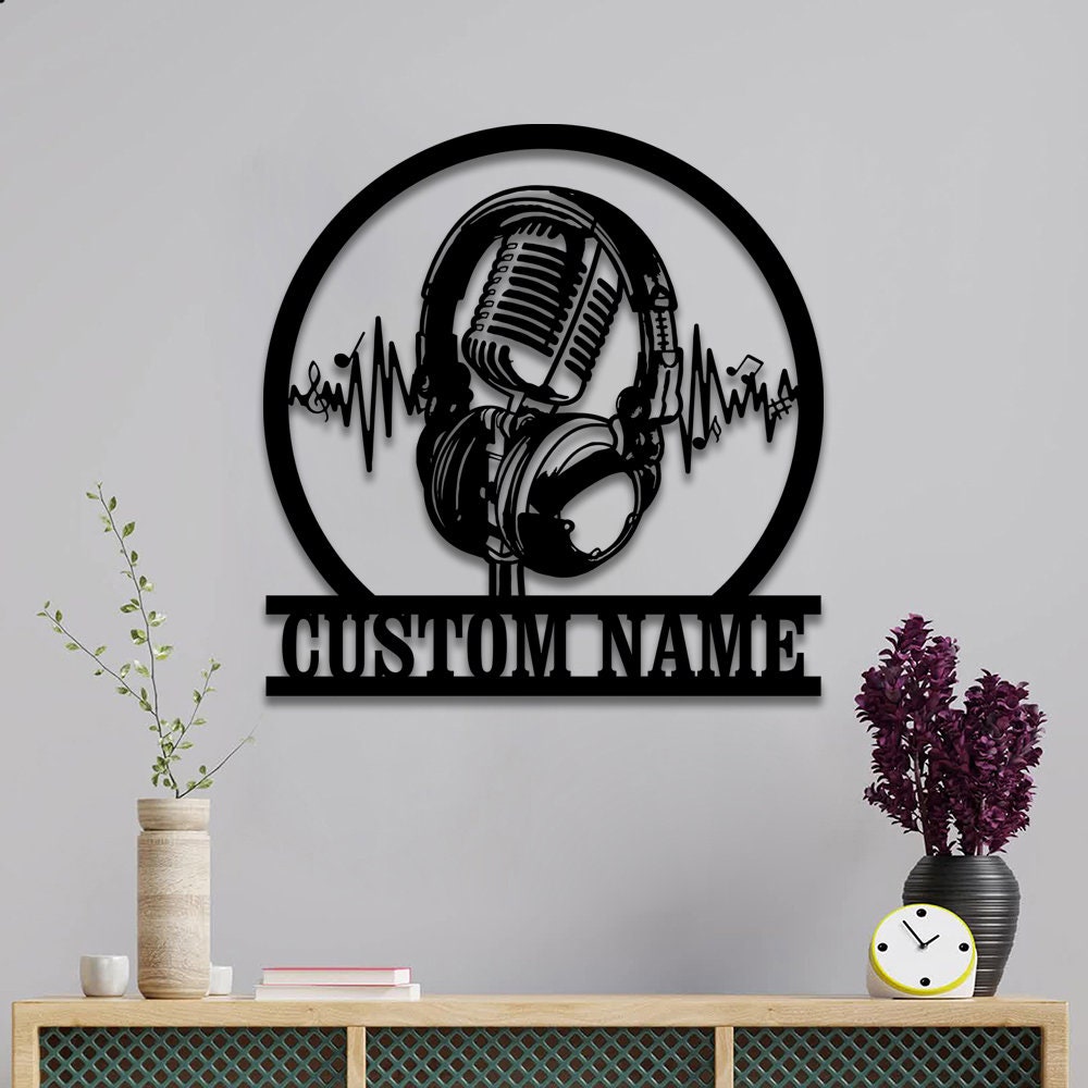 Custom Music Audio Studio Metal Wall Art LED, Music Studio Decor, Personalized Microphone Headphones Name Sign, Home Decor, Music Room Decor