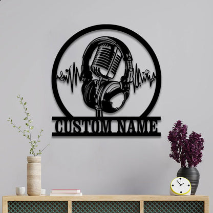 Custom Music Audio Studio Metal Wall Art LED, Music Studio Decor, Personalized Microphone Headphones Name Sign, Home Decor, Music Room Decor