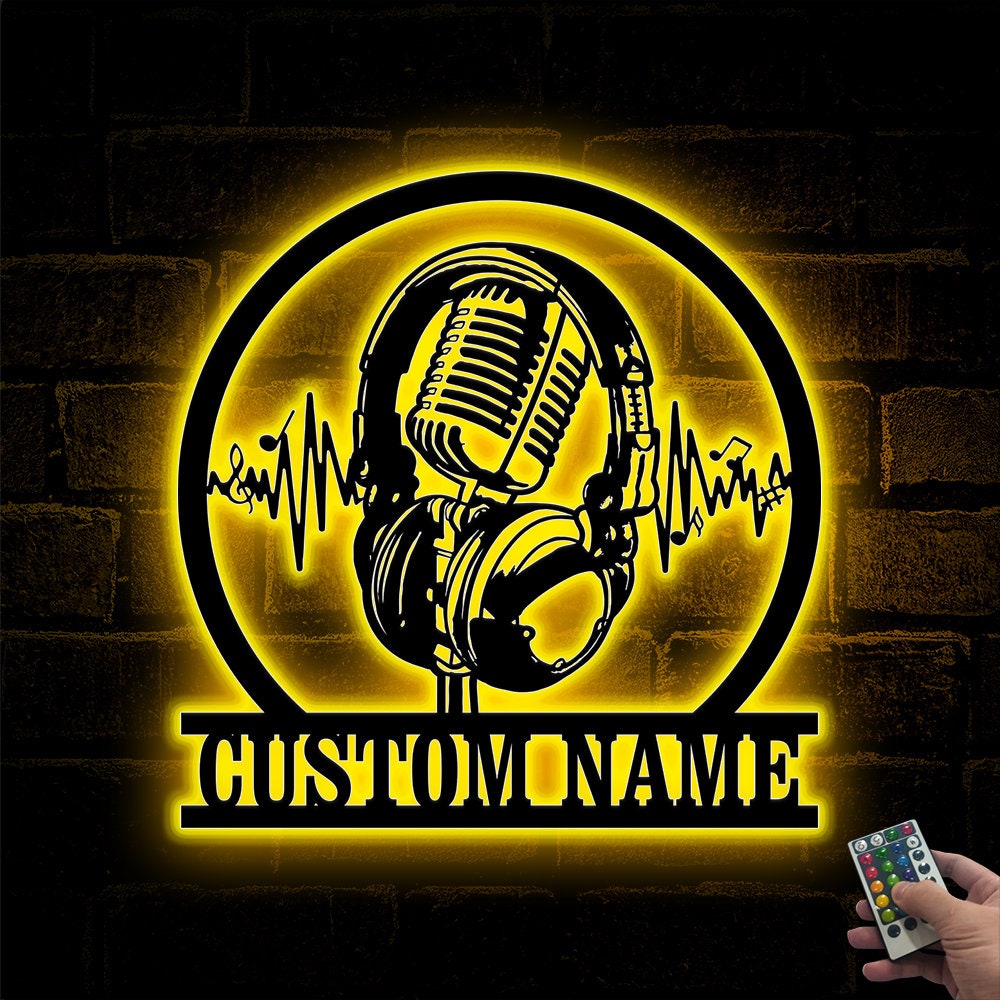 Custom Music Audio Studio Metal Wall Art LED, Music Studio Decor, Personalized Microphone Headphones Name Sign, Home Decor, Music Room Decor