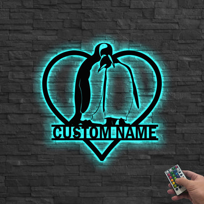 Custom Couple Penguin Metal Wall Art LED Light Personalized Penguin Lover Name Sign Penguin Art Home Decor Kid Nursery Decor Birthday Gift
