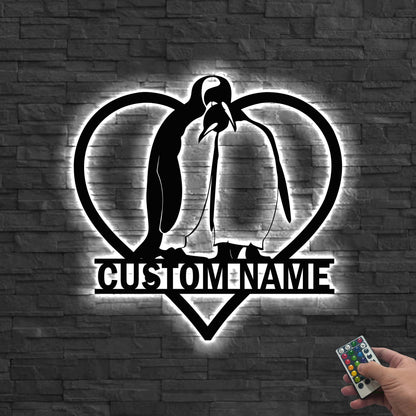 Custom Couple Penguin Metal Wall Art LED Light Personalized Penguin Lover Name Sign Penguin Art Home Decor Kid Nursery Decor Birthday Gift