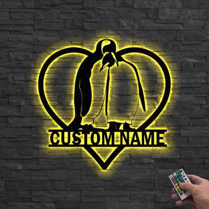Custom Couple Penguin Metal Wall Art LED Light Personalized Penguin Lover Name Sign Penguin Art Home Decor Kid Nursery Decor Birthday Gift