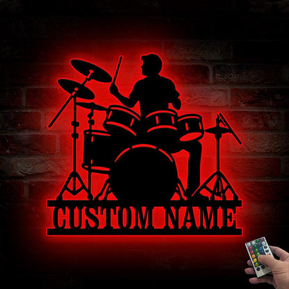 Custom Drummer Male Metal Wall Art Led Light, Drummer Name Sign Drum Art,Birthday Gift for him,Music Room Decor Drummer Gift,Drum Decor