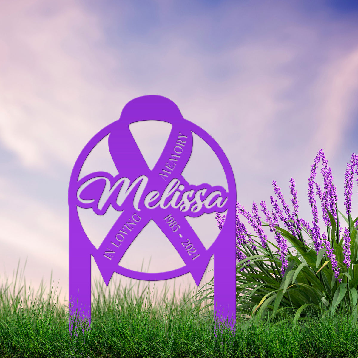 Unique Memorial Sign with Cancer Ribbon – Custom Tribute Metal Art - In Loving Memory Gravesite Decoration - Personalized Memorial Stakes