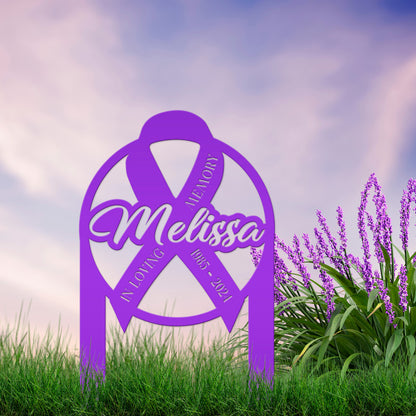 Unique Memorial Sign with Cancer Ribbon – Custom Tribute Metal Art - In Loving Memory Gravesite Decoration - Personalized Memorial Stakes