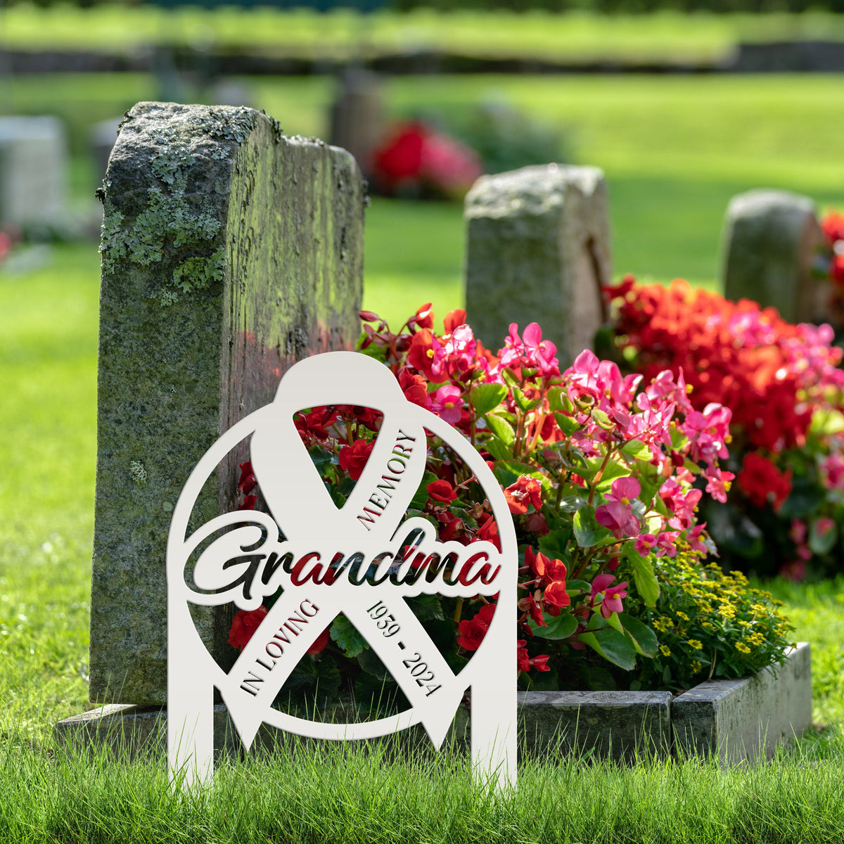 Unique Memorial Sign with Cancer Ribbon – Custom Tribute Metal Art - In Loving Memory Gravesite Decoration - Personalized Memorial Stakes