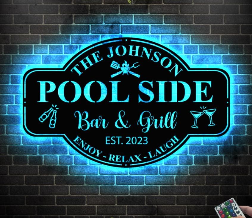 Personalized Family Poolside Sign LED Light,Swimming Pool Metal Sign,Poolside Oasis Sign Bar and Grill Sign,Patio Decor,Housewarming Gift