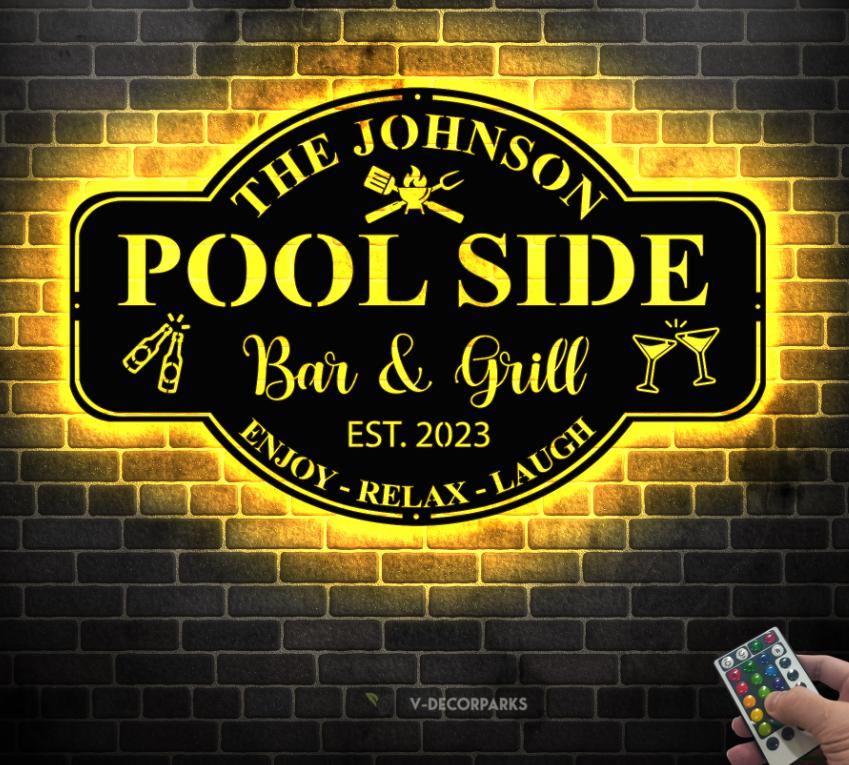 Personalized Family Poolside Sign LED Light,Swimming Pool Metal Sign,Poolside Oasis Sign Bar and Grill Sign,Patio Decor,Housewarming Gift