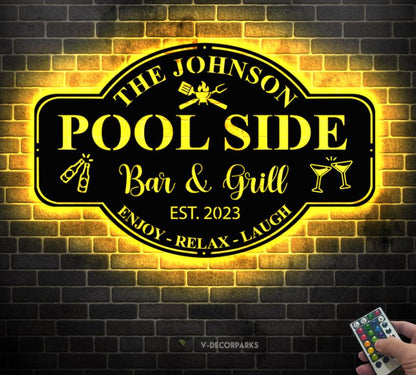 Personalized Family Poolside Sign LED Light,Swimming Pool Metal Sign,Poolside Oasis Sign Bar and Grill Sign,Patio Decor,Housewarming Gift