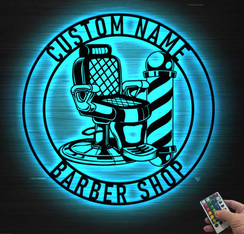 Custom Barber Shop Metal Wall Art LED Light, Personalized Barber Shop Name Sign Barber Shop Decor,Hairdresser Gift Metal Home Decor Dad Gift