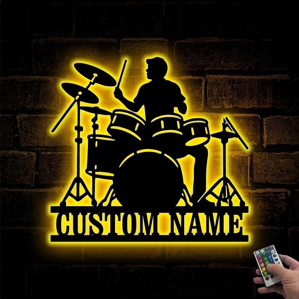 Custom Drummer Male Metal Wall Art Led Light, Drummer Name Sign Drum Art,Birthday Gift for him,Music Room Decor Drummer Gift,Drum Decor