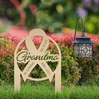 Unique Memorial Sign with Cancer Ribbon – Custom Tribute Metal Art - In Loving Memory Gravesite Decoration - Personalized Memorial Stakes