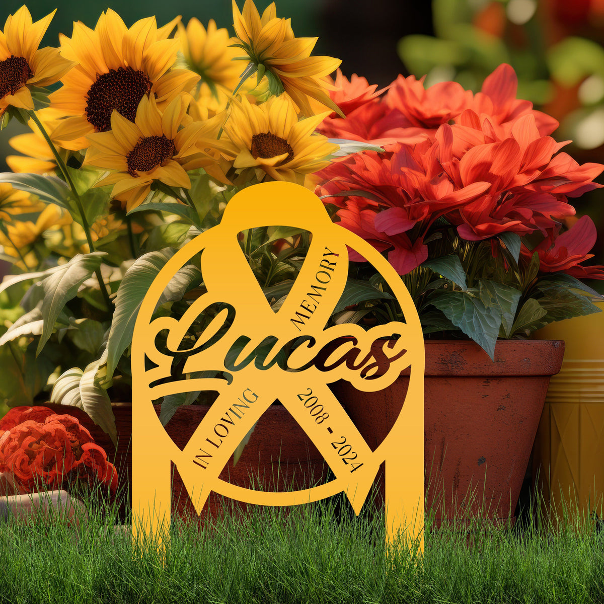 Unique Memorial Sign with Cancer Ribbon – Custom Tribute Metal Art - In Loving Memory Gravesite Decoration - Personalized Memorial Stakes
