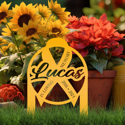 Unique Memorial Sign with Cancer Ribbon – Custom Tribute Metal Art - In Loving Memory Gravesite Decoration - Personalized Memorial Stakes