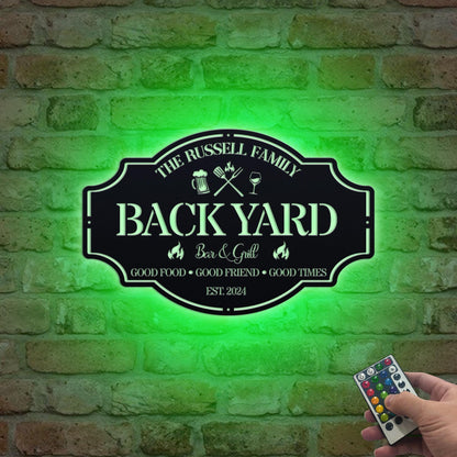 Personalized Backyard Sign LED Light, Custom Bar & Grill Sign Backyard Oasis Sign,Outdoor Decor Kitchen Sign,BBQ Metal Signs, Backyard Decor