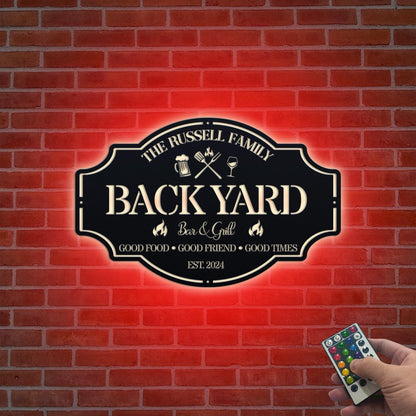 Personalized Backyard Sign LED Light, Custom Bar & Grill Sign Backyard Oasis Sign,Outdoor Decor Kitchen Sign,BBQ Metal Signs, Backyard Decor